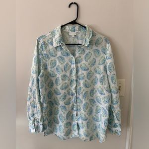 J. Jill Love Linen White Button Down with Blue Paisley Print Size Petite Large
